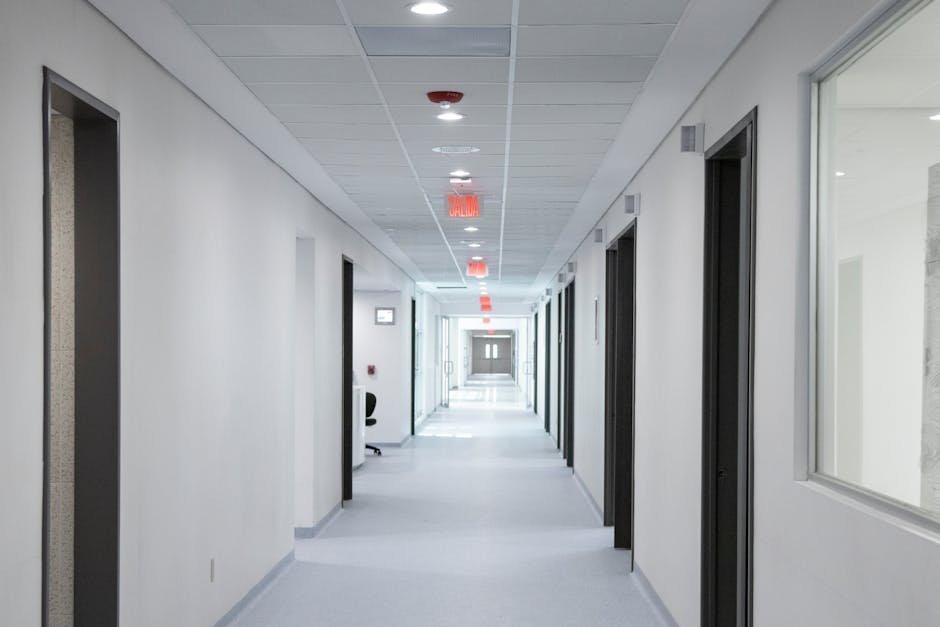 Specialty psychiatric unit hallway with natural light and art on the walls